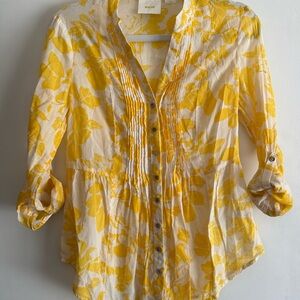 Maeve Yellow and White Mandarin Collar Blouse
